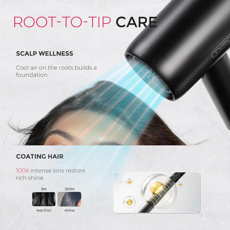 TYMO Diffuser Hair Dryer Blow Dryer - 300 Million Ionic Hairdryer with Diffuser & Comb Attachment for Curly Hair, Professional Blowdryer for Women, Cool Air Button, Small Travel Lightweight, Black - Image 5